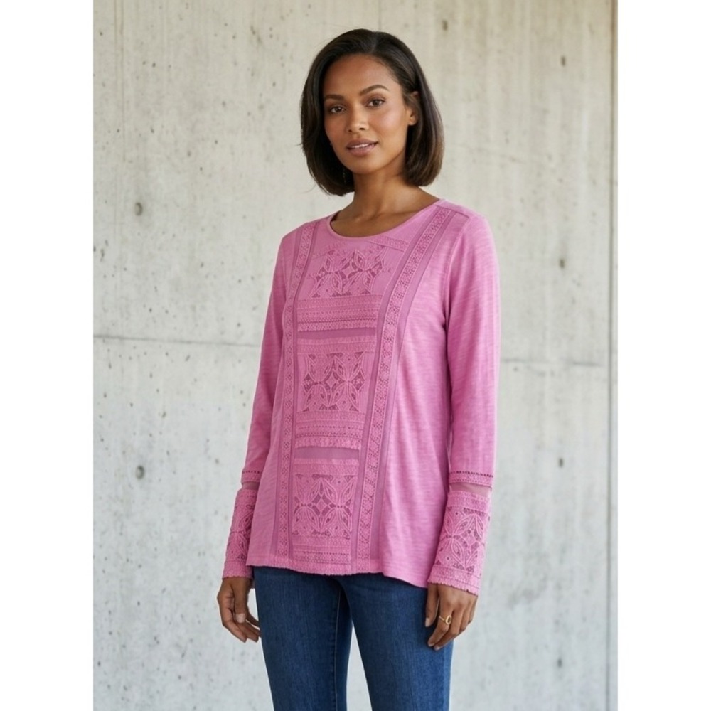 Soft Surroundings Boho Embroidered Lace Knit Long Sleeve Top Pink XL